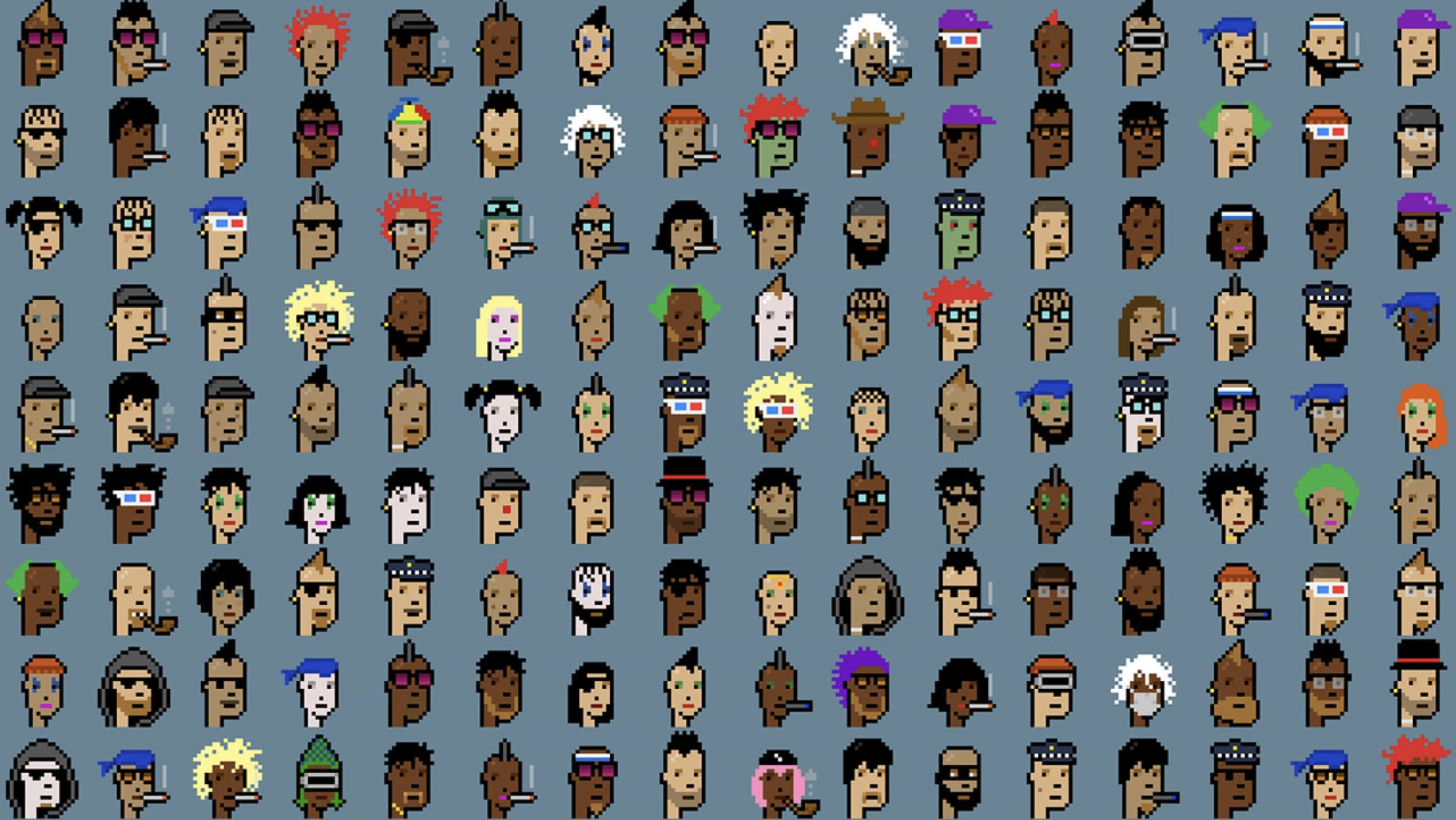 CryptoPunks, набор из 10 000 уникальных 8-битных персонажей, созданный в 2017 году.