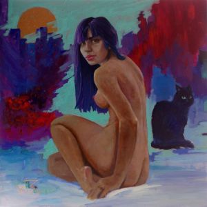 Painting, Nude (nudity) - Waiting for the full moon