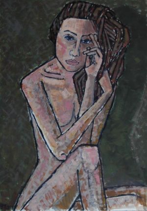 Painting, Expressionism - Nude on a green background