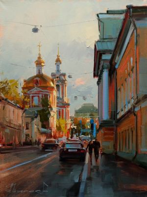 Painting, City landscape - Moscow churches. Blessed evening. Old Basmannaya.