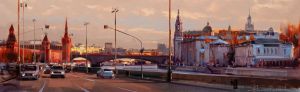 Painting, City landscape - Moscow lyrics. An orange cat is walking across the bridge. Kremlin embankment