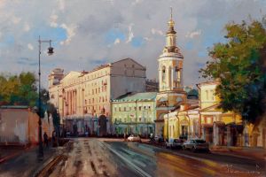 Painting, City landscape - The «Golden Hour» Arrow at the Church of the Nativity of the Virgin on Solyanka