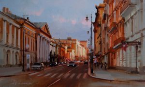 Painting, City landscape - Architectural styles binding. Prechistenka street.