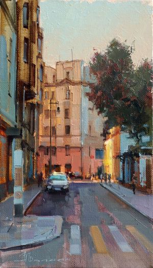 Painting, City landscape - The sun is playing hide and seek. Krivokolenny Lane