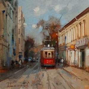 Painting, City landscape - «Annushka on Chistye Prudy»