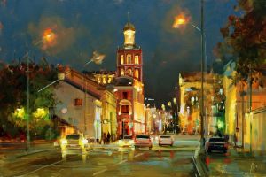 Painting, City landscape - Late evening at Petrovka. Moscow.