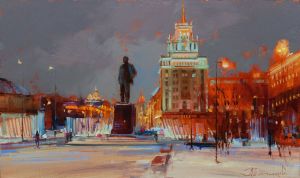 Painting, City landscape - Skiing in Moscow. Triumphal Square