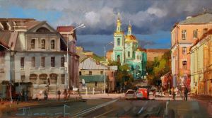 Painting, Realism - Sunday evening at Spartakovskaya