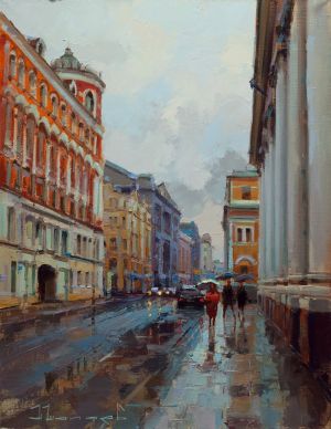 Painting, City landscape - «November rain» Ilyinka Street