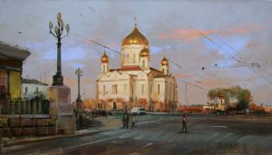 Painting, City landscape - «Warm walls of the Temple.» Prechistensky Gate Square