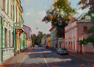 Painting, City landscape - «On a visit to the Morozov Atlanteans.» Moscow, Podsosensky lane 21
