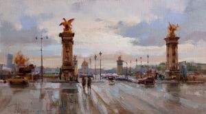 Painting, City landscape - Rain in Paris. The bridge of Alexander III