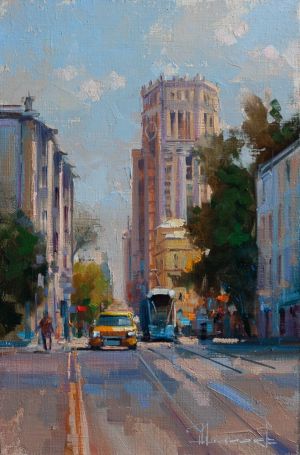 Painting, City landscape - «It&#039;s a nice day.» Novokuznetsk street