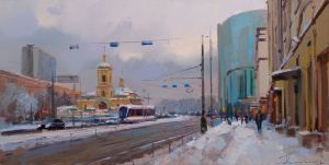 Painting, City landscape - February weekdays. Preobrazhenskaya Square.