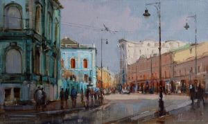 Painting, City landscape - Summer, sun, rain. Moscow, Myasnitskaya street