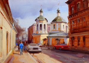 Painting, City landscape - An old temple. Church of Sergius of Radonezh.