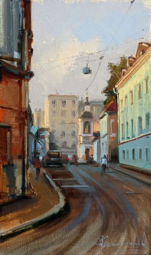 Painting, City landscape - Evening turquoise. Khokhlovsky lane
