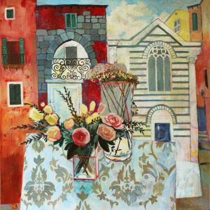 Painting, Still life - Town by the sea