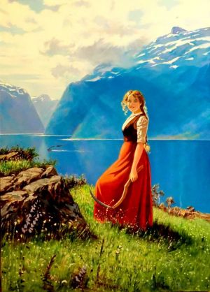 Painting, Landscape - The girl at the mowing (cop from Hans Dahl)