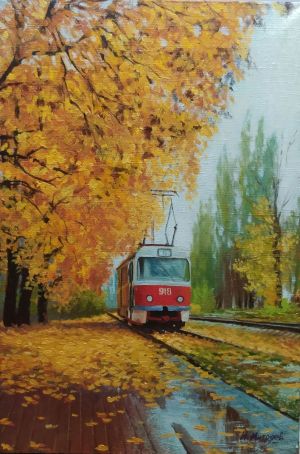 Painting, City landscape - «One of the streets of Donetsk in autumn»