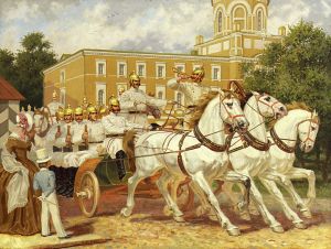Painting, Historical genre - Dobry-molodcy-Vyezd-pojarnoy-komandy-Sushchevskoy-chasti-v-Moskve-40-e-gody-XIX-veka