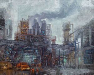 Painting, City landscape - Industrial Russia. Orgsintez plant. Kazan
