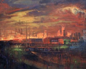 Painting, City landscape - Industrial Russia - 2. Evening Orgsintez plant. Kazan