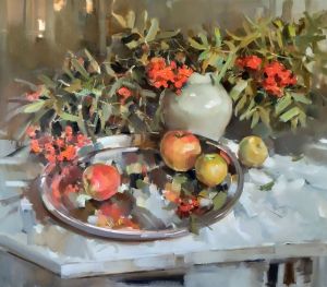 Painting, Still life - Still life with mountain ash. August