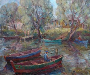 Painting, Impressionism - Lodki-na-reke-Trubej