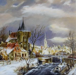 Painting, City landscape - Winter Amsterdam