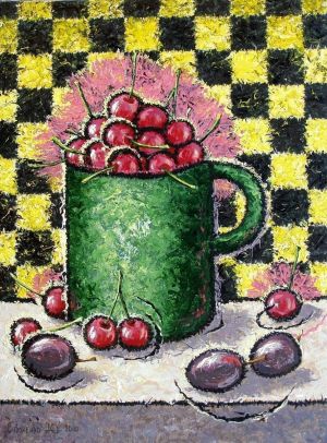 Painting, Still life - cherries on the background of a chessboard.