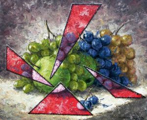 Painting, Surrealism - Apples and grapes.