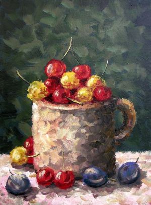 Painting, Realism - A mug of cherries.