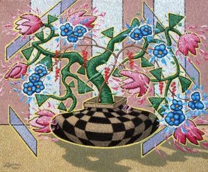 Painting, Surrealism - Still life with a vase in a chessboard.