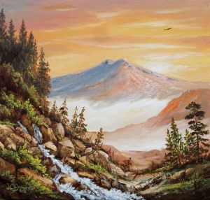 Painting, Landscape - Morning in the mountains.