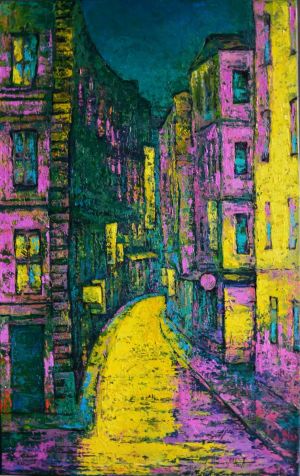 Painting, City landscape - Night street