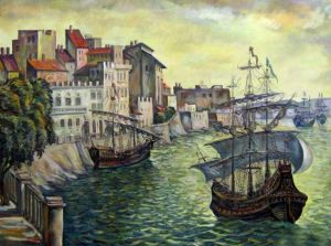 Painting, Realism - Old ships in Syracuse