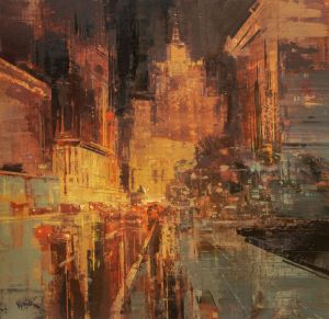 Painting, City landscape - Urban Jungle - 39 (B). Night view of the Ministry of Foreign Affairs. Smolenskaya Street.