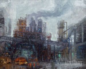 Painting, City landscape - Industrial Russia. Orgsintez plant. Kazan
