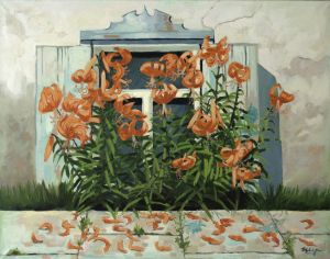 Painting, City landscape - Lilies at the window