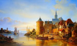 Painting, Seascape - Views of the city pier