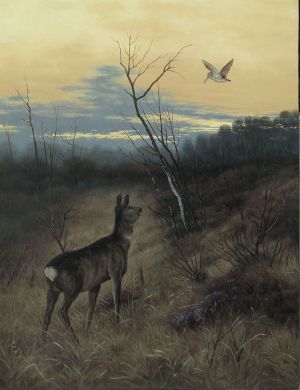 Painting, Animalistics - Roe deer and woodcock