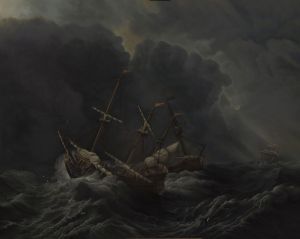Painting, Seascape - kopiya-Tri-korablya-v-buryu-Villem-van-de-Velde-mladshiy-1673g