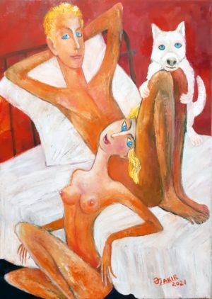 Painting, Nude (nudity) - Husky and his friends 
