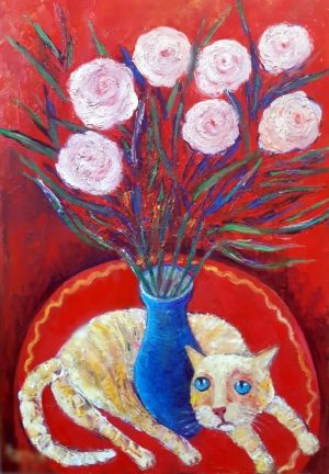 Painting, Still life - Cat and flowers