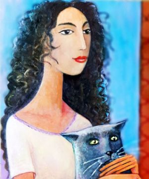 Painting, Genre painting - Girl with a cat