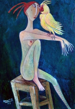 Painting, Genre painting - Girl and parrot.