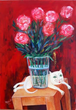 Painting, Still life - White cat and flowe
