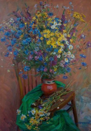 Painting, Still life - Bouquet with cornflowers