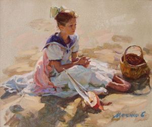 Painting, Genre painting - Sitting on the beach